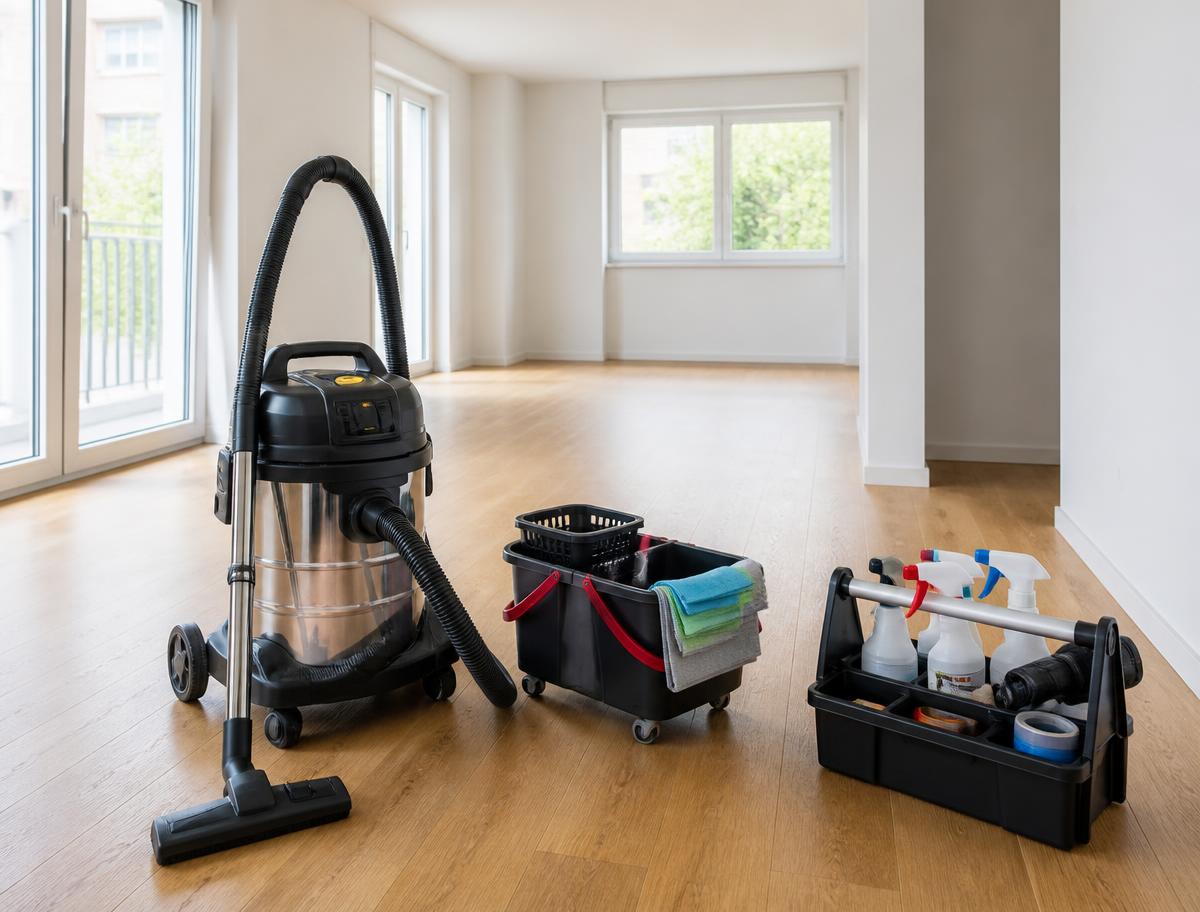 Reinigungsausrüstung in einer leeren Wohnung mit Parkettboden (Beispielbild)